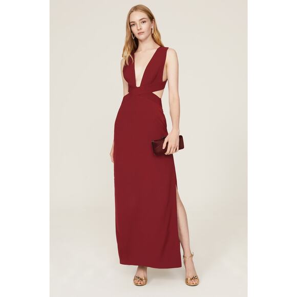 Fame & Partners Firedust Red Plunge Cut Out Sleeveless Slit Gown Size 4 - Picture 1 of 16